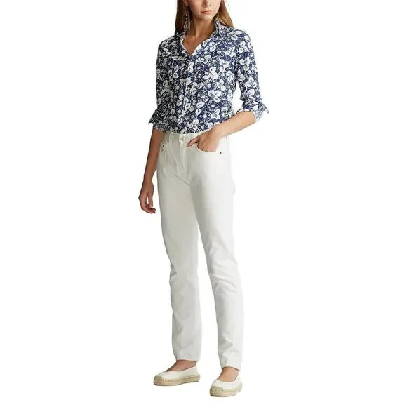 NWOT Polo Ralph Lauren Womens Floral Cotton Knit Oxford Shirt Navy White Medium - Picture 4 of 14